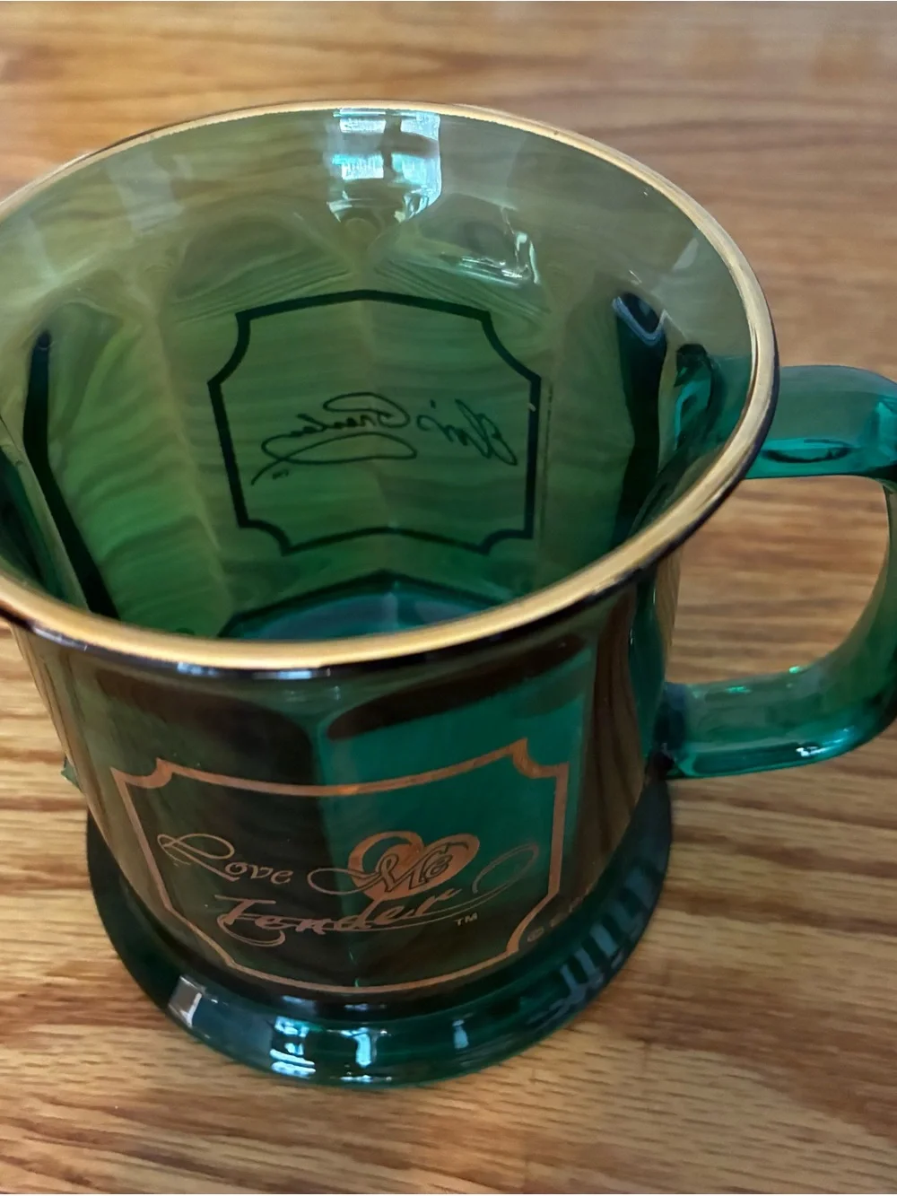 Green Glass Elvis ‘Love Me Tender' Mug with Gold Script